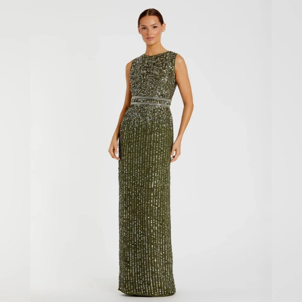NWT Mac Duggal Size 10 Olive Green Sequined High Neck Sleeveless Column Gown - Picture 2 of 10